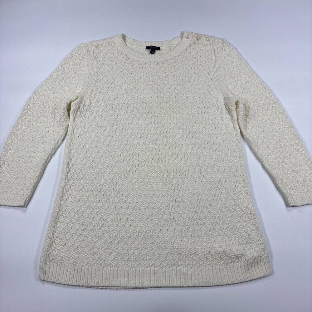 Talbots Womens Medium Petite Knit Sweater 100% Cotton Pullover Ivory 3/4 Sleeves